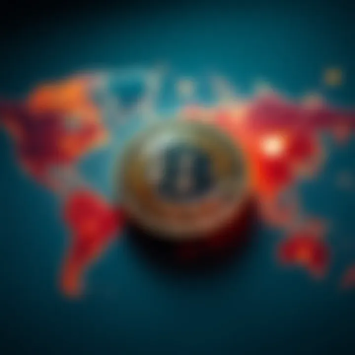 Bitcoin symbol placed over a world map, illustrating global influence and economic connections