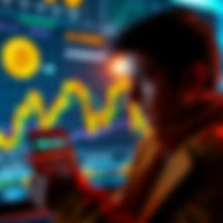 A person looking at a Bitcoin chart with a calculator, contemplating financial independence through cryptocurrency investments.