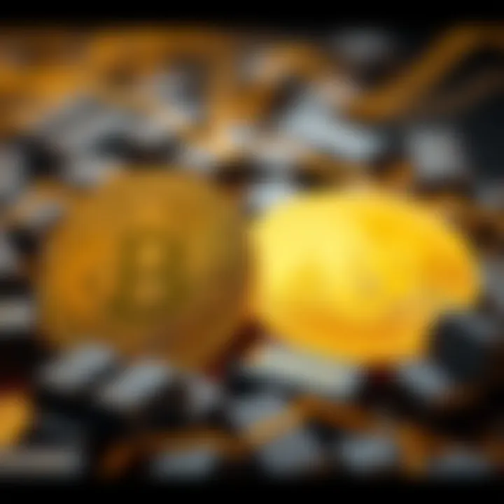 A graphic showing Bitcoin and gold side by side, with Bitcoin's value stagnant while gold rises, symbolizing market shifts.