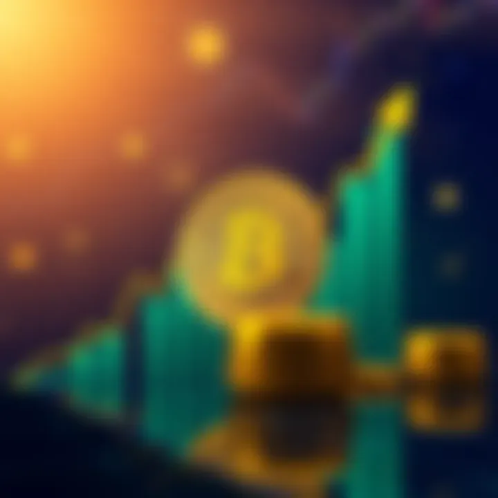 A graph showing the rising prices of Bitcoin alongside gold, reflecting market trends. The Bitcoin symbol is prominent with upward arrows indicating growth.