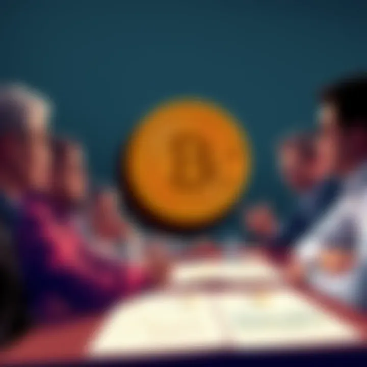 A group of people discussing Bitcoin governance with charts and proposals on a table, showing a collaborative atmosphere