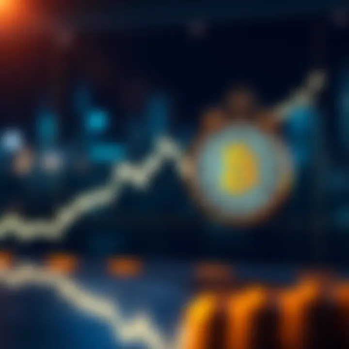 A line graph showing Bitcoin's price over time, illustrating its ups and downs, with a clock symbolizing patience in investment.
