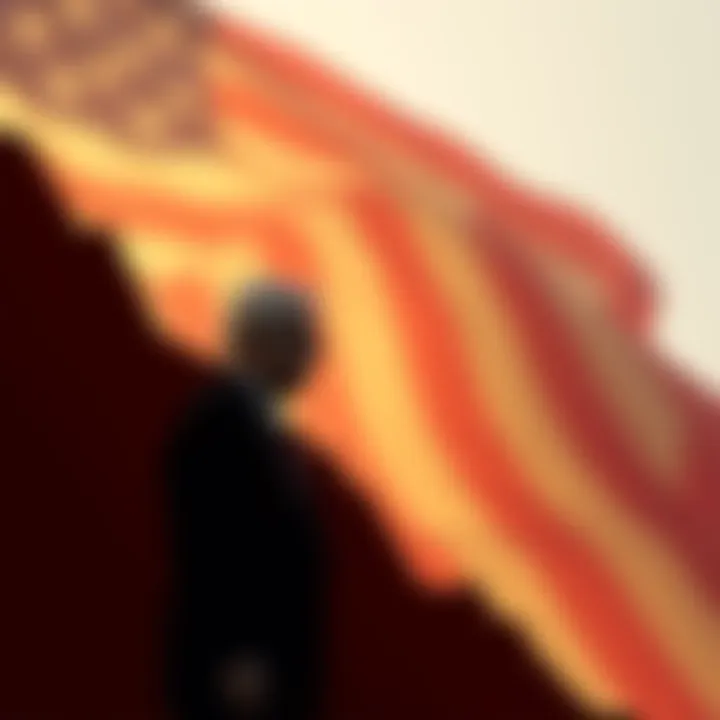 Bitcoin Graph Decline A downward trending graph representing Bitcoin's value drop, with a backdrop of the American flag symbolizing political influence. Paul Krugman's silhouette is faintly visible, analyzing the trend.