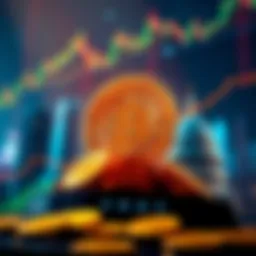 A graphic showing Bitcoin symbols with financial charts and government buildings in the background, symbolizing institutional investment in cryptocurrency.