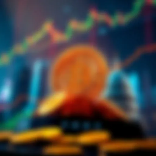 A graphic showing Bitcoin symbols with financial charts and government buildings in the background, symbolizing institutional investment in cryptocurrency.