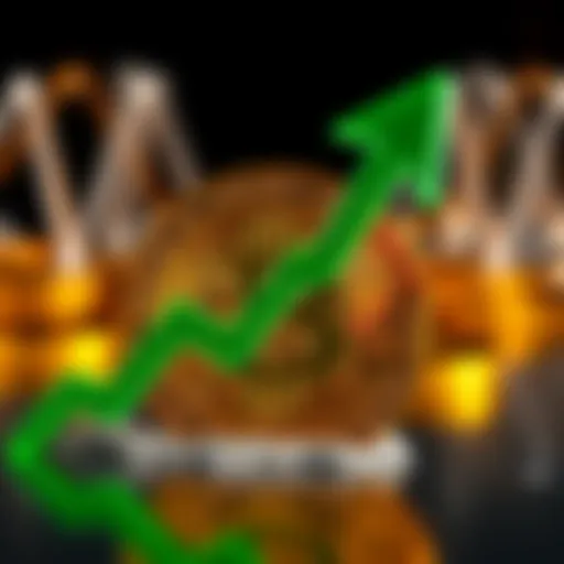 A golden Bitcoin symbol with an upward green arrow, representing growth and stability in cryptocurrency values