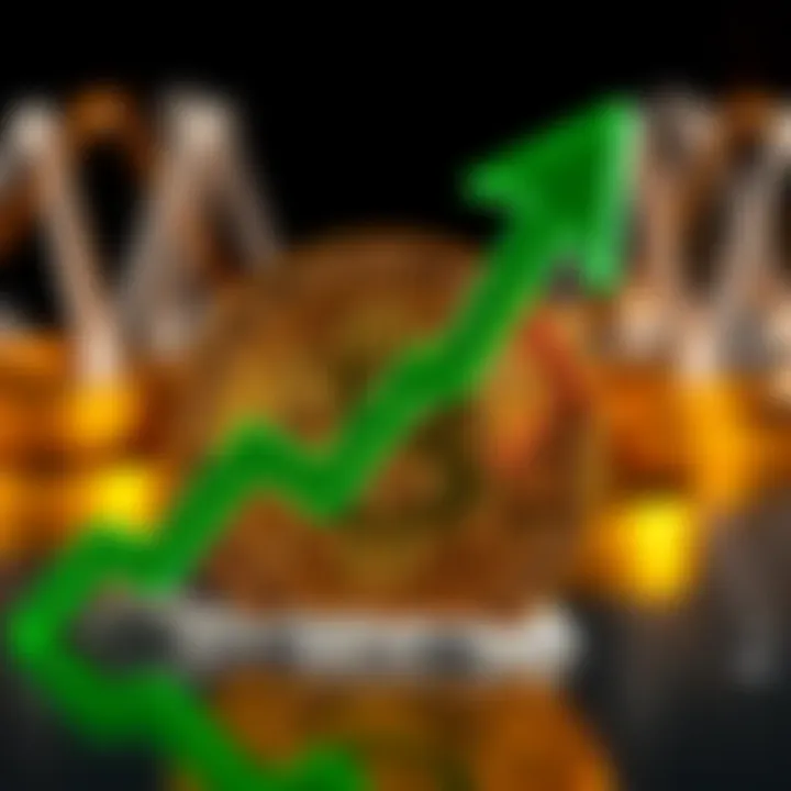 A golden Bitcoin symbol with an upward green arrow, representing growth and stability in cryptocurrency values