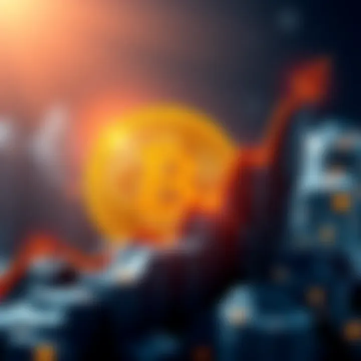 A golden Bitcoin symbol surrounded by a rising growth chart, representing the success and popularity of Bitcoin.