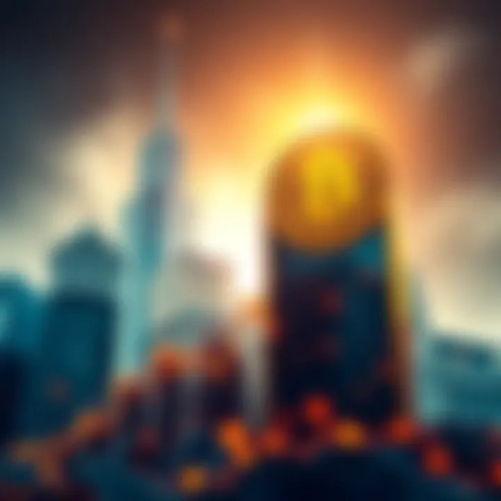 A visual representation of Bitcoin's rise with financial buildings in the background, highlighting institutional interest.