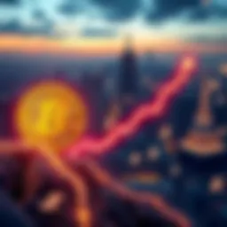 A graphic showing a rising Bitcoin symbol with a futuristic city skyline and dollar signs in the background, symbolizing the potential rise of Bitcoin to $1 million by 2030.