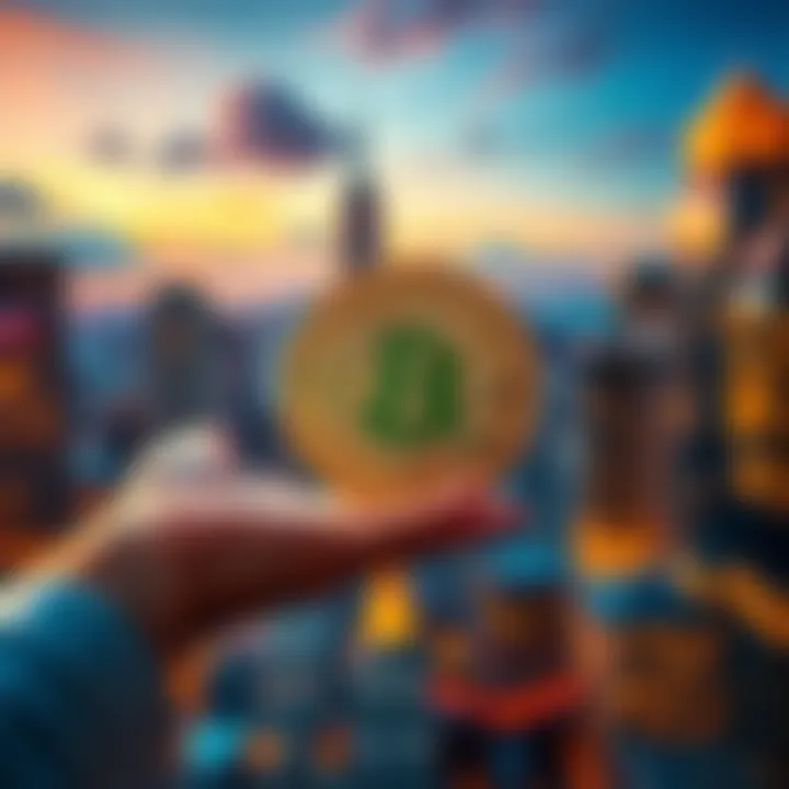 A person holding a Bitcoin in one hand, with a city skyline in the background symbolizing economic growth and stability.