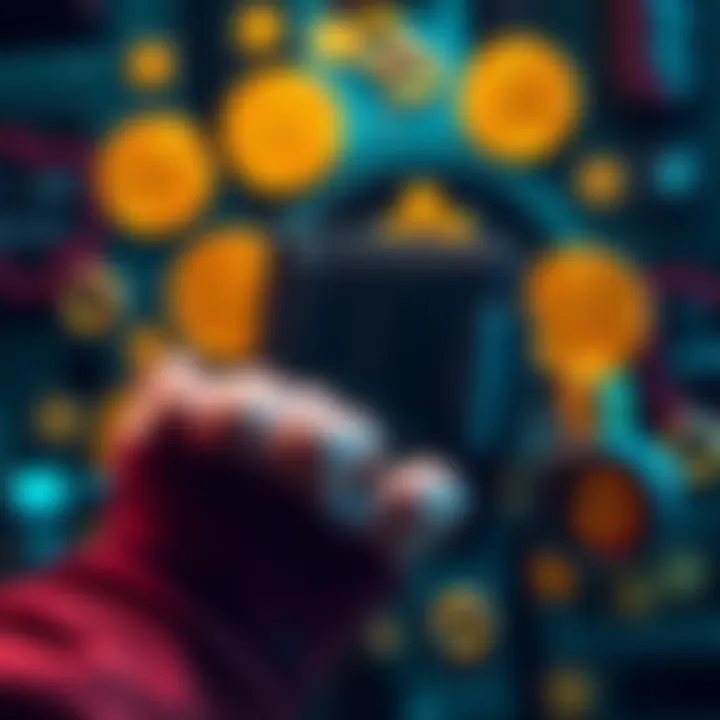 A person holding a hardware wallet with Bitcoin symbols around it, representing the security of cryptocurrency.