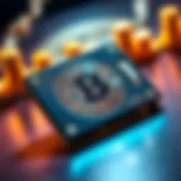 A close-up of a Bitcoin hardware wallet highlighting its secure element feature, with a digital currency symbol in the background.