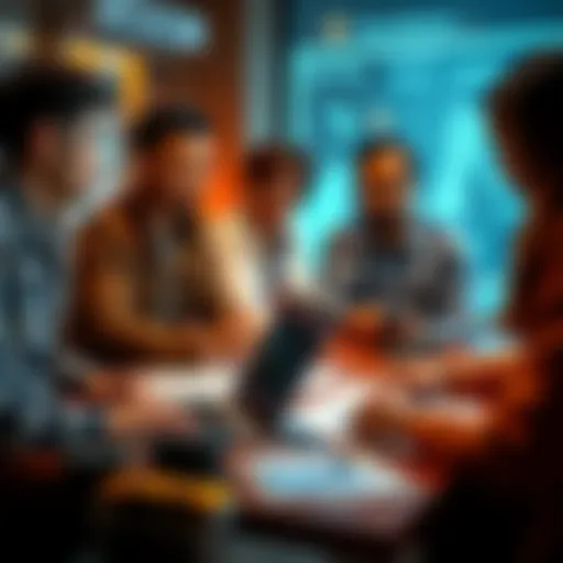 A group of people discussing Bitcoin transactions with a laptop and charts on a table, showcasing community support and guidance.