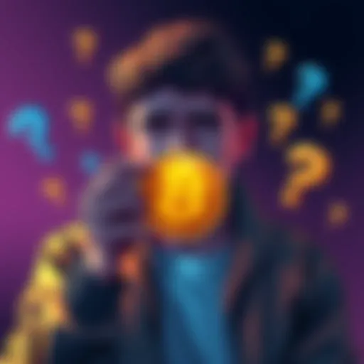 A person looking unsure while holding a Bitcoin symbol, surrounded by question marks to represent doubt about its use in everyday life.