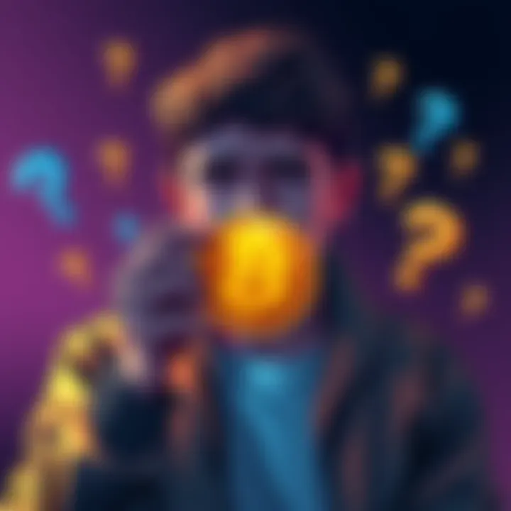 A person looking unsure while holding a Bitcoin symbol, surrounded by question marks to represent doubt about its use in everyday life.