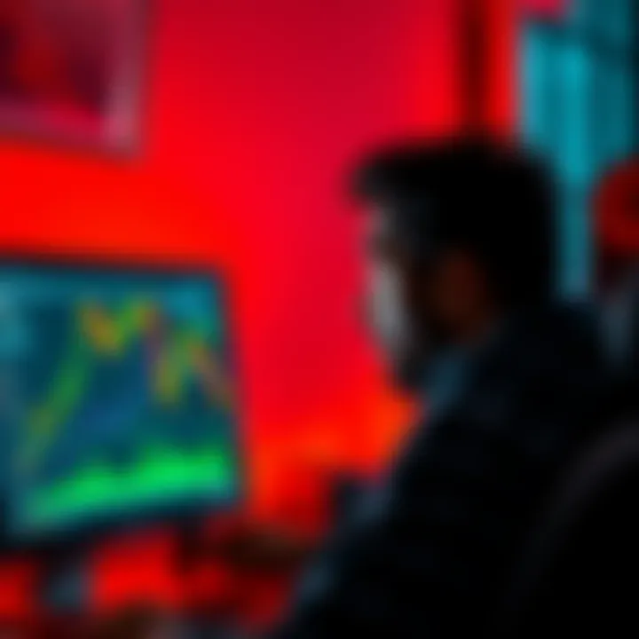 A concerned individual stares at a Bitcoin price chart on a computer screen, showing a sharp decline.