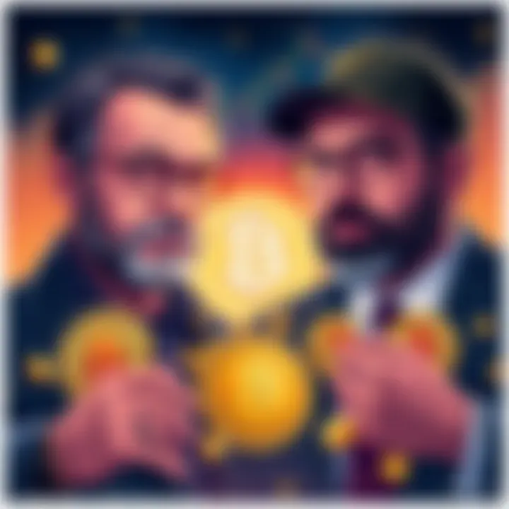 Illustration of prominent Bitcoin holders like Satoshi Nakamoto and Michael Saylor, with Bitcoin symbols and charts showing market impact.