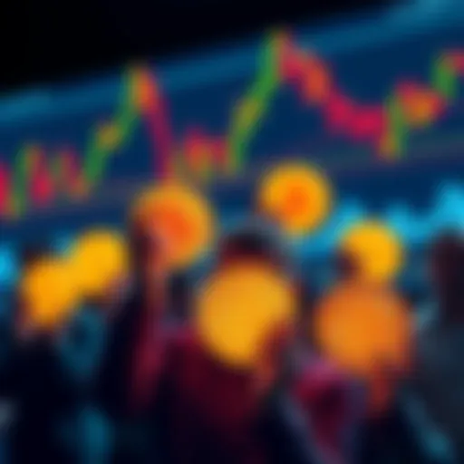 A group of people confidently holding Bitcoin symbols with a backdrop of market charts showing fluctuations.