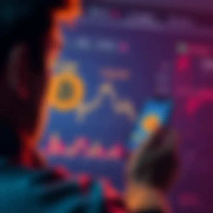 A graph showing Bitcoin prices declining, with a worried person looking at a smartphone displaying their investment losses.