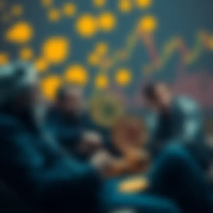 A group of individuals calmly discussing Bitcoin, showing relaxed expressions while surrounded by Bitcoin coins and market graphs, contrasting with a worried newcomer nearby.