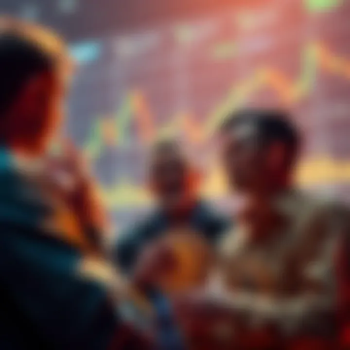 A group of Bitcoin holders confidently discussing their investments during a market dip, with charts showing a downward trend in the background.
