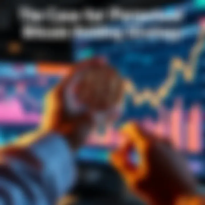 Bitcoin Holding Strategy A person holding a Bitcoin coin, while looking at a rising graph on a digital screen, symbolizing investment growth.