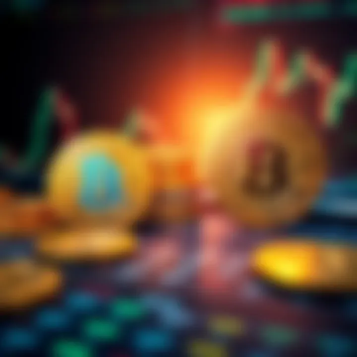 A graphic showing Bitcoin coins on one side and stock market charts on the other, illustrating the comparison between holding Bitcoin and trading it.