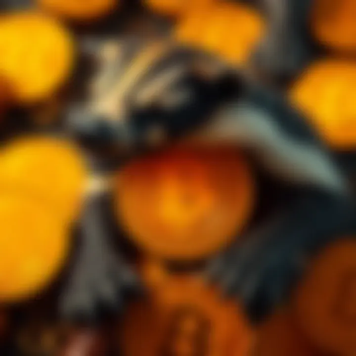 A honey badger surrounded by Bitcoin symbols, illustrating resilience in cryptocurrency.