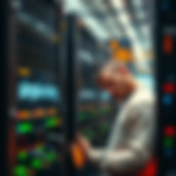 A person examining Bitcoin mining equipment with Simple Mining branding in the background