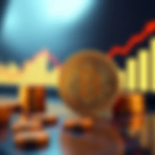 A Bitcoin coin next to a chart showing decreasing inflation rates, symbolizing the impact of low inflation on cryptocurrency values.