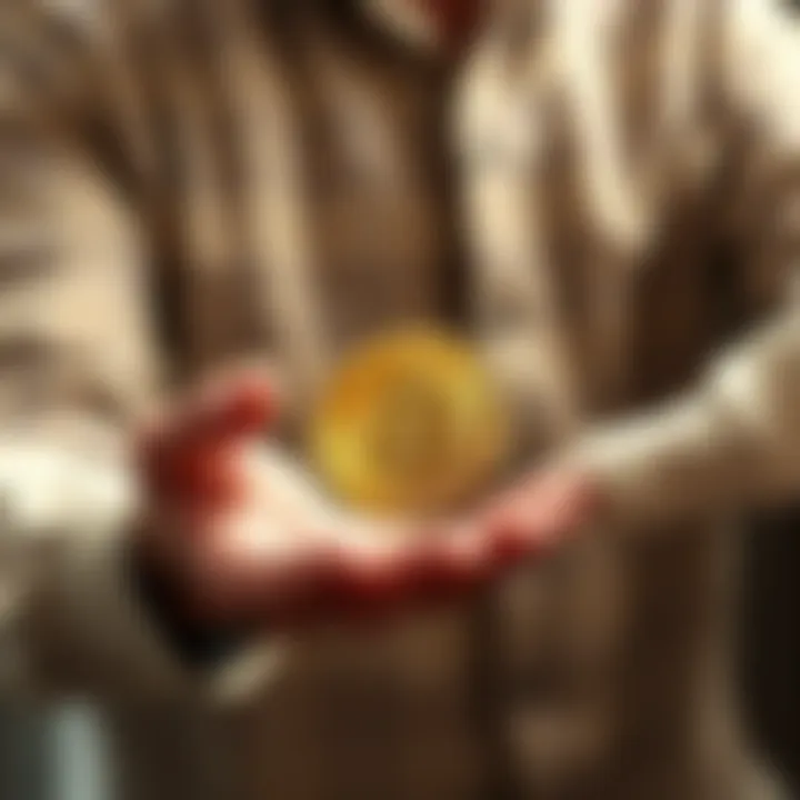 A parent handing a Bitcoin symbol to a child, symbolizing future wealth and financial security.