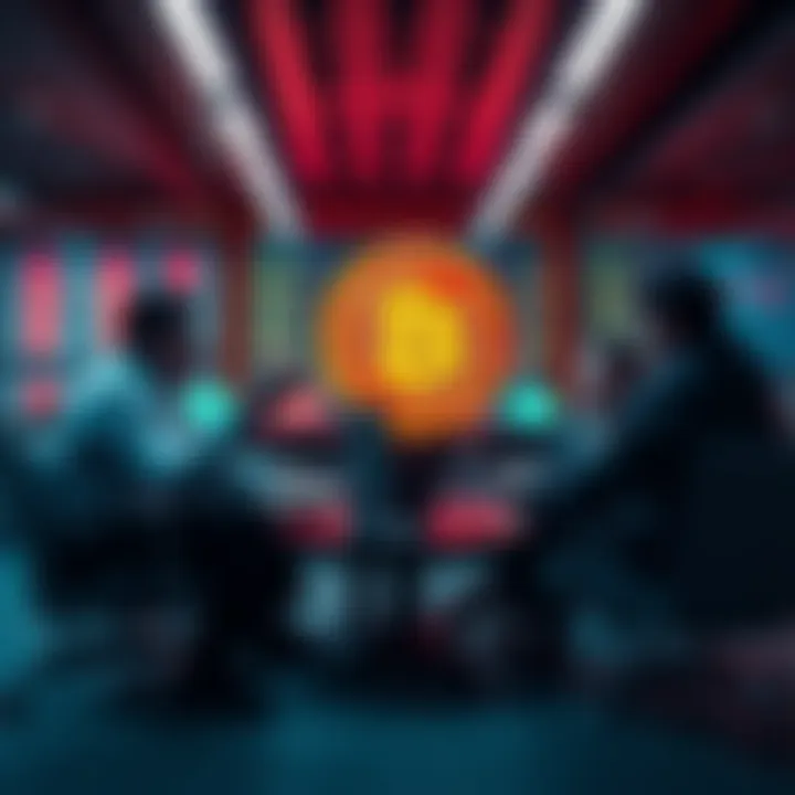 Bitcoin Inheritance Discussion A group of serious Bitcoin traders engaging in a discussion about inheritance strategies in a modern setting.