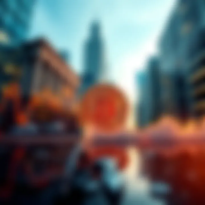 A chart displaying Bitcoin's price surge with a backdrop of financial institutions and corporate buildings, symbolizing the shift from retail to institutional investors.