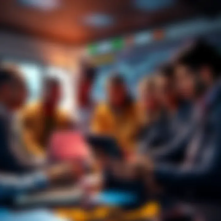 A diverse group of people discussing Bitcoin investment strategies with charts and laptops open, showcasing the growing interest in cryptocurrency.