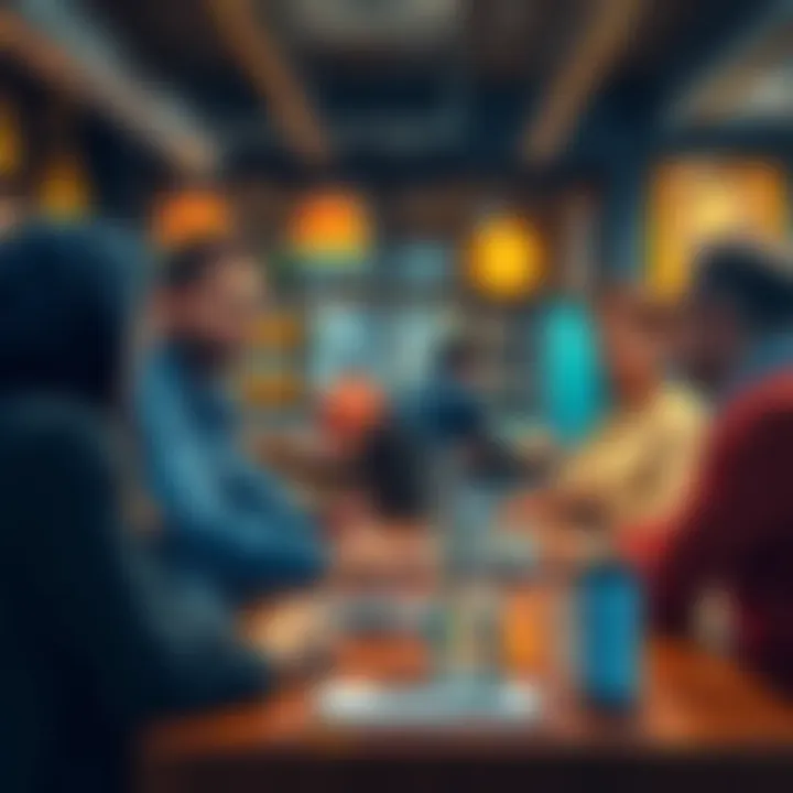 A group of people discussing Bitcoin investing strategies, focusing on Dollar Cost Averaging at a coffee shop.