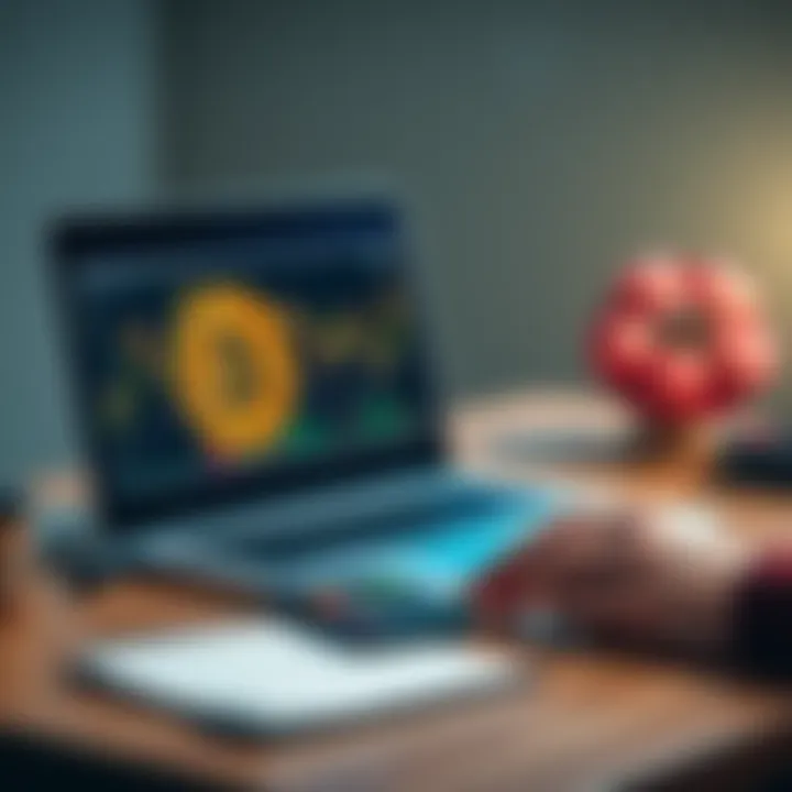 A person looking at a Bitcoin chart on a laptop with a calculator and notepad on the desk, indicating interest in cryptocurrency investments.