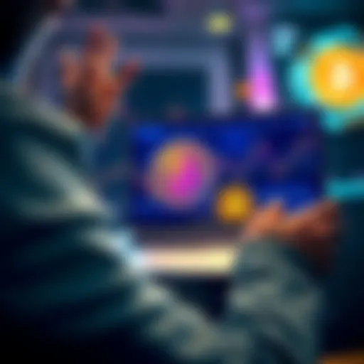 A person celebrating their first Bitcoin investment with a laptop showing a cryptocurrency platform and a Bitcoin logo.