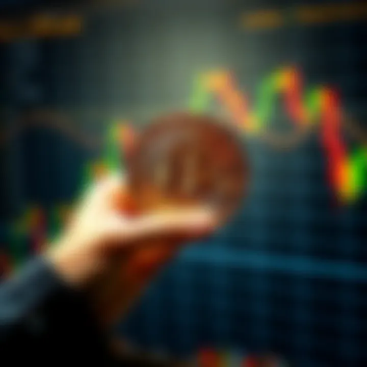 A person holding a Bitcoin coin with a financial chart in the background, representing investment in Bitcoin for future wealth.