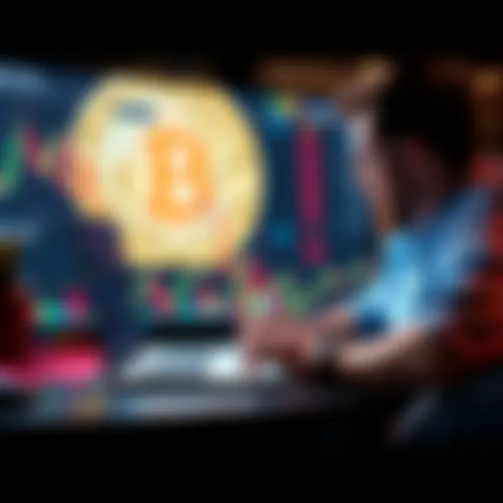 Bitcoin Investment A person studying Bitcoin charts on a laptop with a Bitcoin symbol in the background.