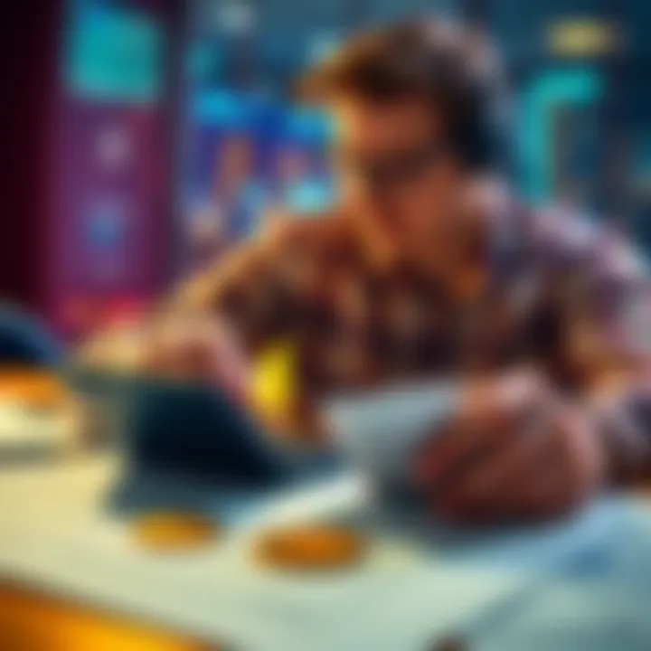 A person contemplating a Bitcoin investment with a calculator and loan documents on the table.