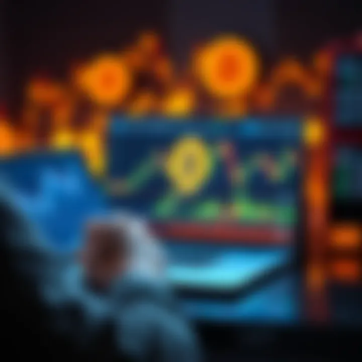 A person analyzing Bitcoin price charts on a laptop with financial graphs and cryptocurrency symbols in the background.