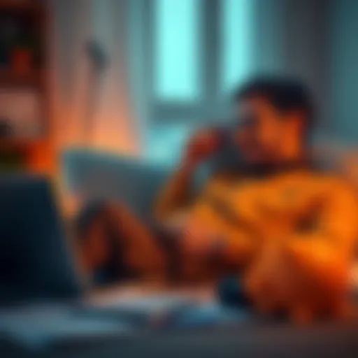 A person relaxing while looking at Bitcoin charts on a laptop, surrounded by financial documents and a piggy bank.