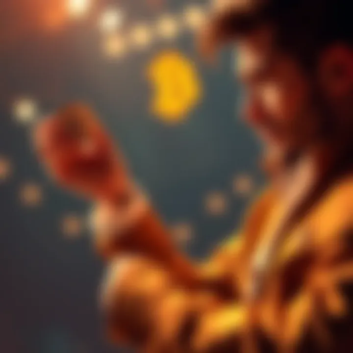 Individual placing a bet with Bitcoin coins in hand, looking determined and hopeful for wealth