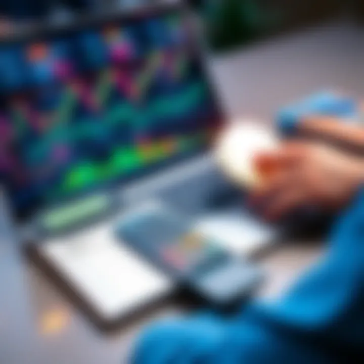 A person analyzing Bitcoin investment charts on a laptop, with a calculator and notepad showing monthly income percentages for dollar-cost averaging.