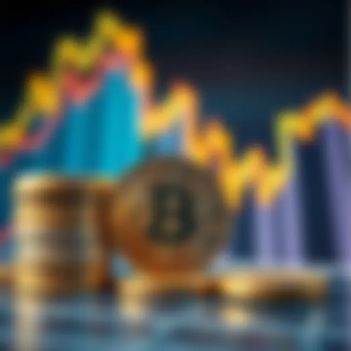 A close-up of Bitcoin coins stacked next to a rising financial chart, symbolizing investment growth.