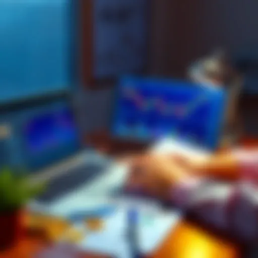 A person analyzing Bitcoin charts with a laptop and financial documents on a desk