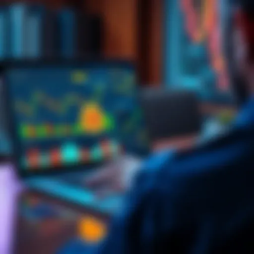 A person analyzing Bitcoin trends on a laptop with financial charts and graphs on the screen.