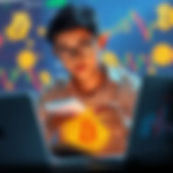 Bitcoin Investment Concept A student contemplating how to invest $20 in Bitcoin with a calculator and laptop, surrounded by Bitcoin symbols and charts showing market trends.