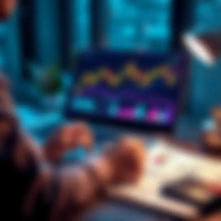 A person analyzing a chart showing Bitcoin trends while calculating savings, with a laptop and financial documents on the table.